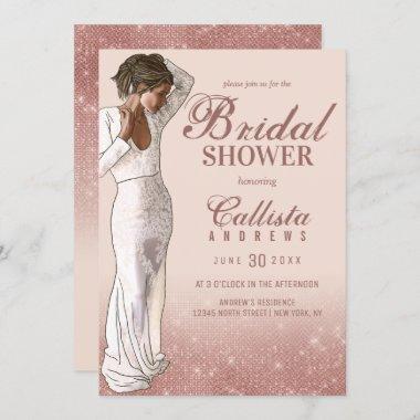 Elegant Pink Rose Gold Glitter Dress Bridal Shower Invitations