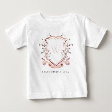 Elegant Pink Wildflower Watercolor Crest Monogram Baby T-Shirt