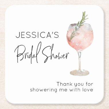 Elegant Pink Wine Cocktail Bridal Shower Square Paper Coaster
