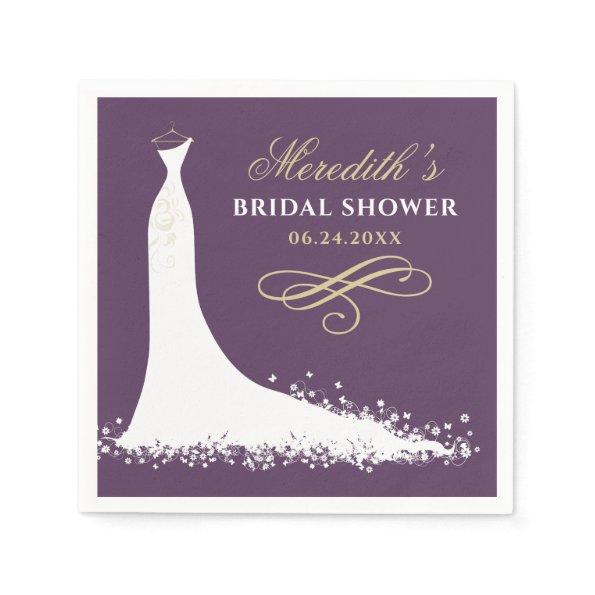 Elegant Plum and Gold Wedding Gown Bridal Shower Paper Napkins