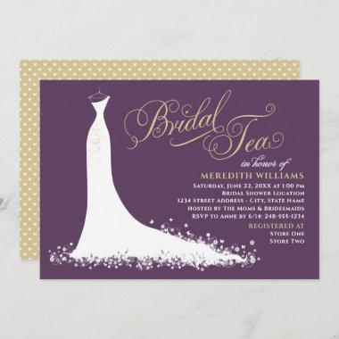 Elegant Plum Gold Wedding Gown Bridal Tea Shower Invitations