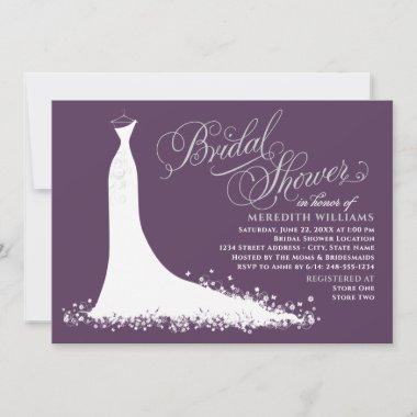 Elegant Plum Silver Wedding Gown Bridal Shower Invitations