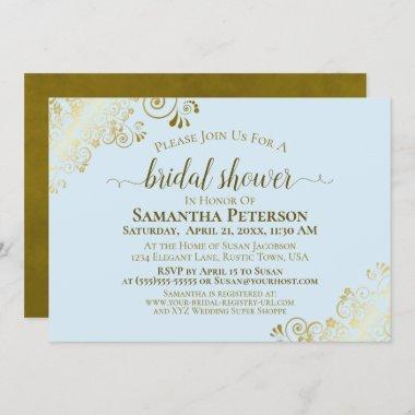 Elegant Powder Blue Gold Lace Frills Bridal Shower Invitations