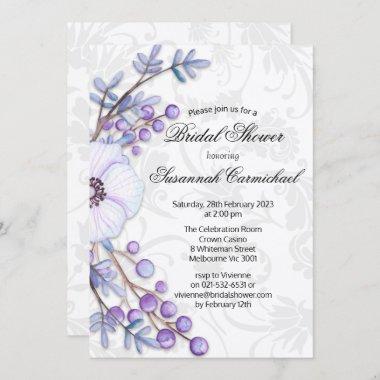 Elegant Purple Floral Wreath Damask Bridal Shower Invitations