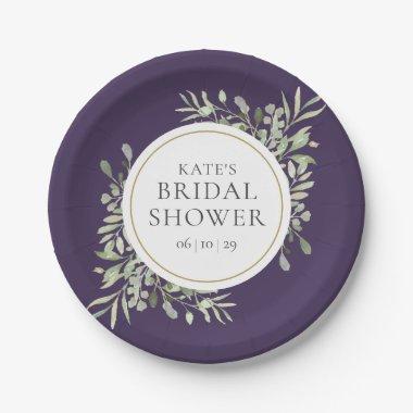 Elegant Purple Gold Greenery Bridal Shower Paper Plates