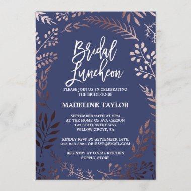 Elegant Rose Gold and Navy Bridal Luncheon Invitations