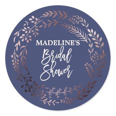 Elegant Rose Gold and Navy Bridal Shower Classic Round Sticker