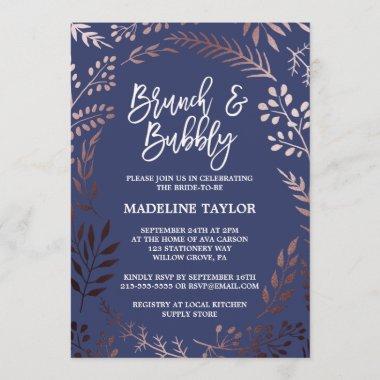 Elegant Rose Gold and Navy Brunch and Bubbly Invitations