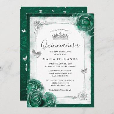 Elegant Rose Silver Green Quinceanera Invitations