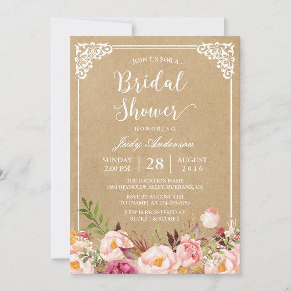 Elegant Rustic Floral Frame Kraft | Bridal Shower Invitations