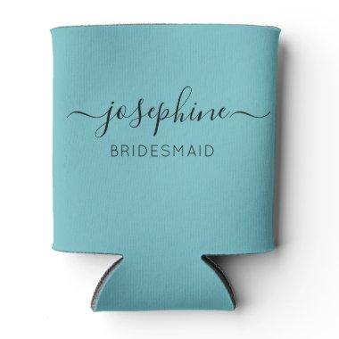 Elegant script Cyan Blue Personalized Bridesmaid Can Cooler