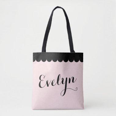 Elegant Script Name Blush Pink Scalloped Monogram Tote Bag