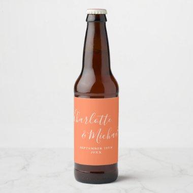 Elegant Signature Script Coral Wedding Beer Bottle Label
