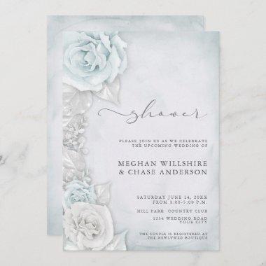 Elegant Silver Blue Roses Wedding Shower Invitations