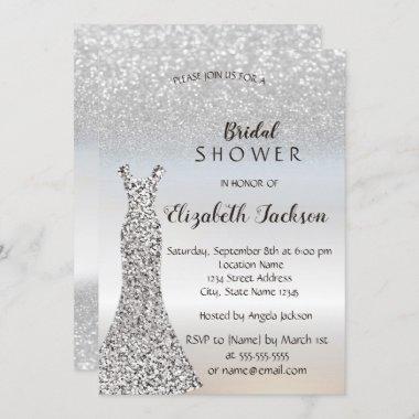 Elegant Silver Glitter Bokeh , Dress Bridal Shower Invitations