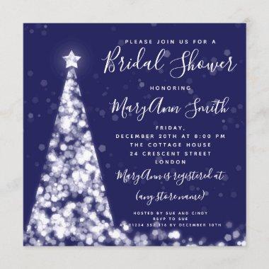 Elegant Silver Navy Christmas Tree Bridal Shower Invitations