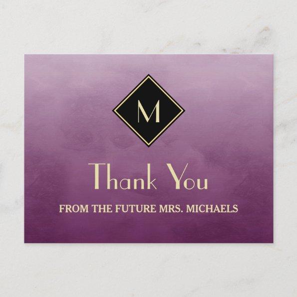 Elegant Simple Purple With Gold Monogram Thank You PostInvitations