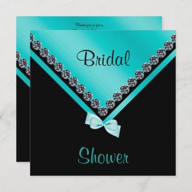 Elegant Sparkly Diamonds & Teal Bow Bridal Shower Invitations