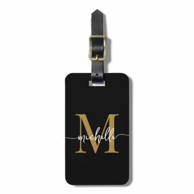 Elegant Stylish Black Gold Monogram Initial Script Luggage Tag