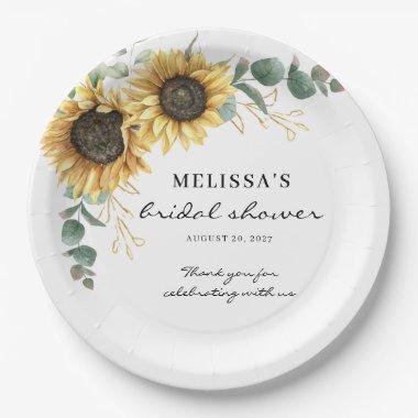 Elegant Sunflower Eucalyptus Floral Bridal Shower Paper Plates
