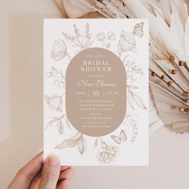 Elegant Tan Line Art Floral Bridal Shower Invitations