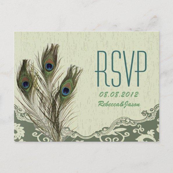 elegant vintage country green peacock wedding RSVP Invitation PostInvitations