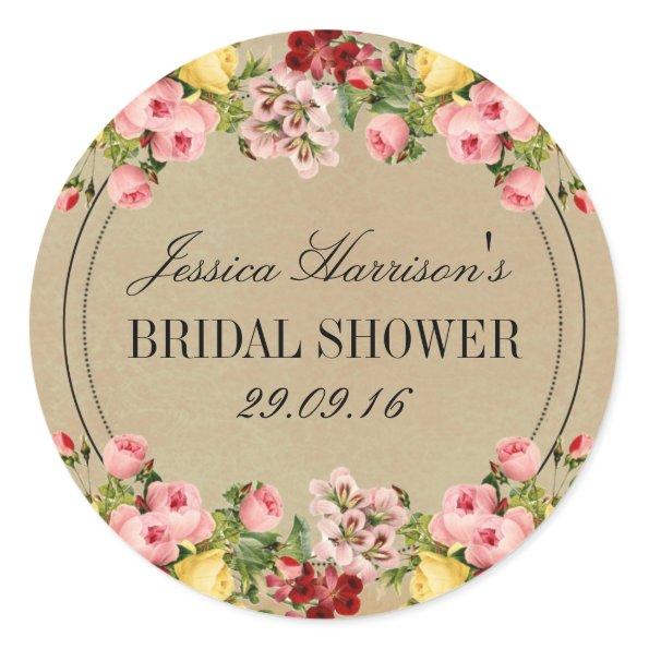 Elegant Vintage Floral Bridal Shower Classic Round Sticker