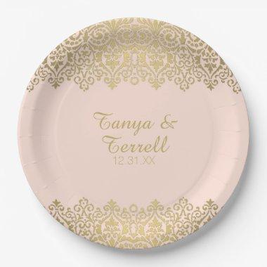 Elegant Vintage Gold Art Deco Lace Blush Wedding Paper Plates
