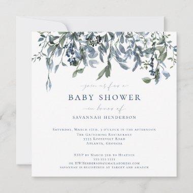 Elegant Watercolor Blue Floral Vines Baby Shower Invitations