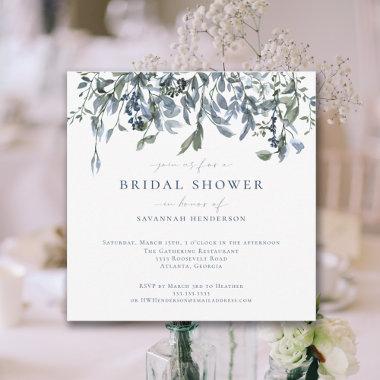 Elegant Watercolor Blue Floral Vines Bridal Shower Invitations
