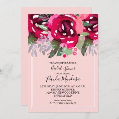 Elegant Watercolor Flowers Pink Bridal Shower Invitations
