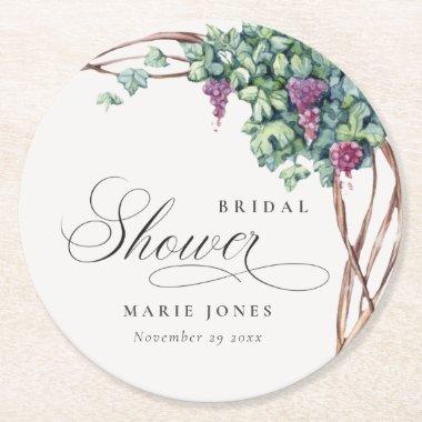 Elegant Watercolor Grapevine Fauna Bridal Shower Round Paper Coaster