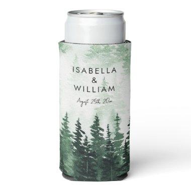 Elegant Watercolor Pine Forest Personalized Seltzer Can Cooler