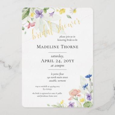 Elegant Watercolor Wildflower Floral Bridal Shower Foil Invitations