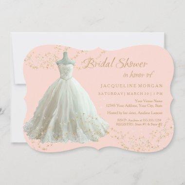 Elegant Wedding Gown Gold Sparkle Bridal Shower Invitations