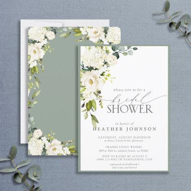 Elegant White Gray Green Watercolor Bridal Shower Invitations