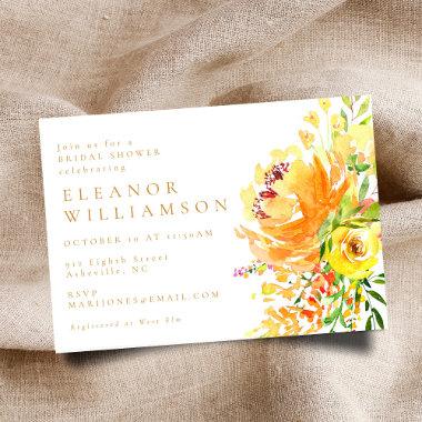 Elegant Yellow Watercolor Floral Bridal Shower Invitations