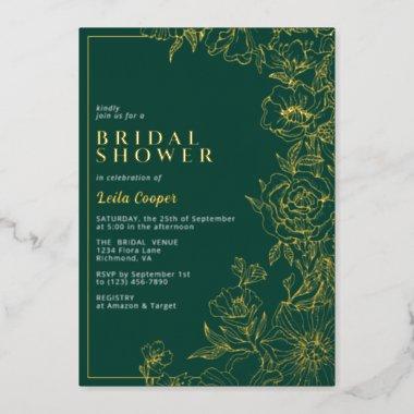 Emerald Green + Gold Elegant Garden Bridal Shower Foil Invitations