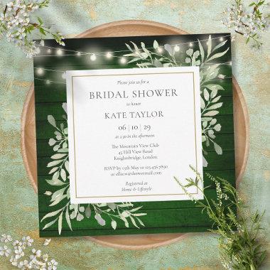 Emerald Wood String Lights Greenery Bridal Shower Invitations