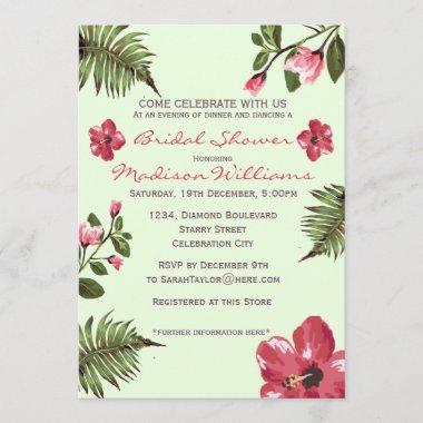 Exotic Hibiscus & Tropical Leaves Bridal Shower Invitations