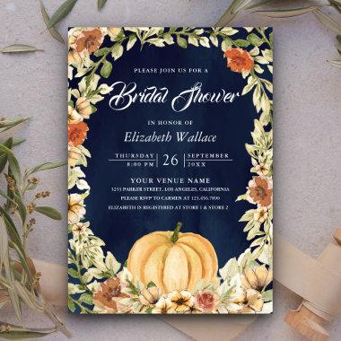 Fall Earthy Floral Pumpkin Navy Blue Bridal Shower Invitations