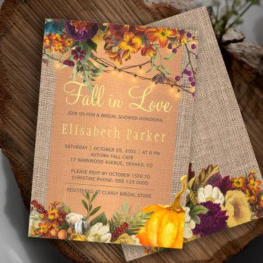 Fall in Love autumn floral burlap bridal shower Invitations