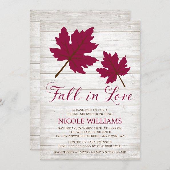 Fall in Love Burgundy Leaves Bridal Shower Invitations