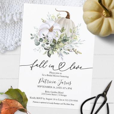 Fall In Love Greenery Pumpkin Fall Bridal Shower Invitations