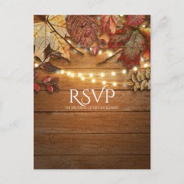 Fall Leaves & String Lights on Rustic Wood RSVP Invitation PostInvitations