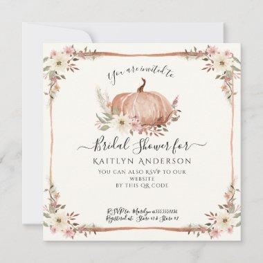 Fall Pink Floral Pumpkin Bridal Shower QR code Invitations