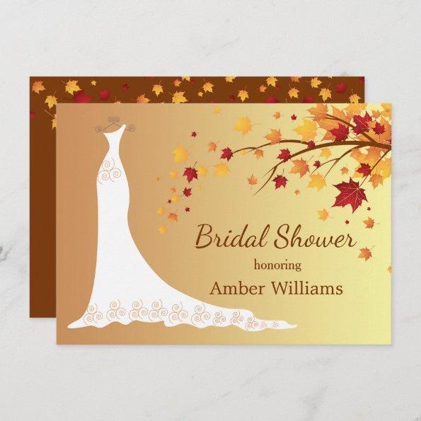 Falling autumn leaves, wedding gown Bridal Shower Invitations