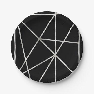 Fancy Faux Foil Silver & Black Geometric Pattern Paper Plates
