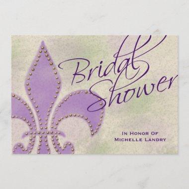 Fancy Script Purple Fleur de Lis Bridal Shower Invitations