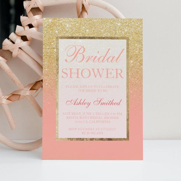 Faux gold glitter blush coral chic Bridal shower Invitations